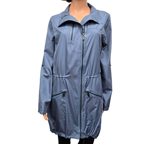 Elie Tahari Long Windbreaker Rain Coat Size M Full Zip Pockets Fishtail hem Blue - Picture 5 of 13